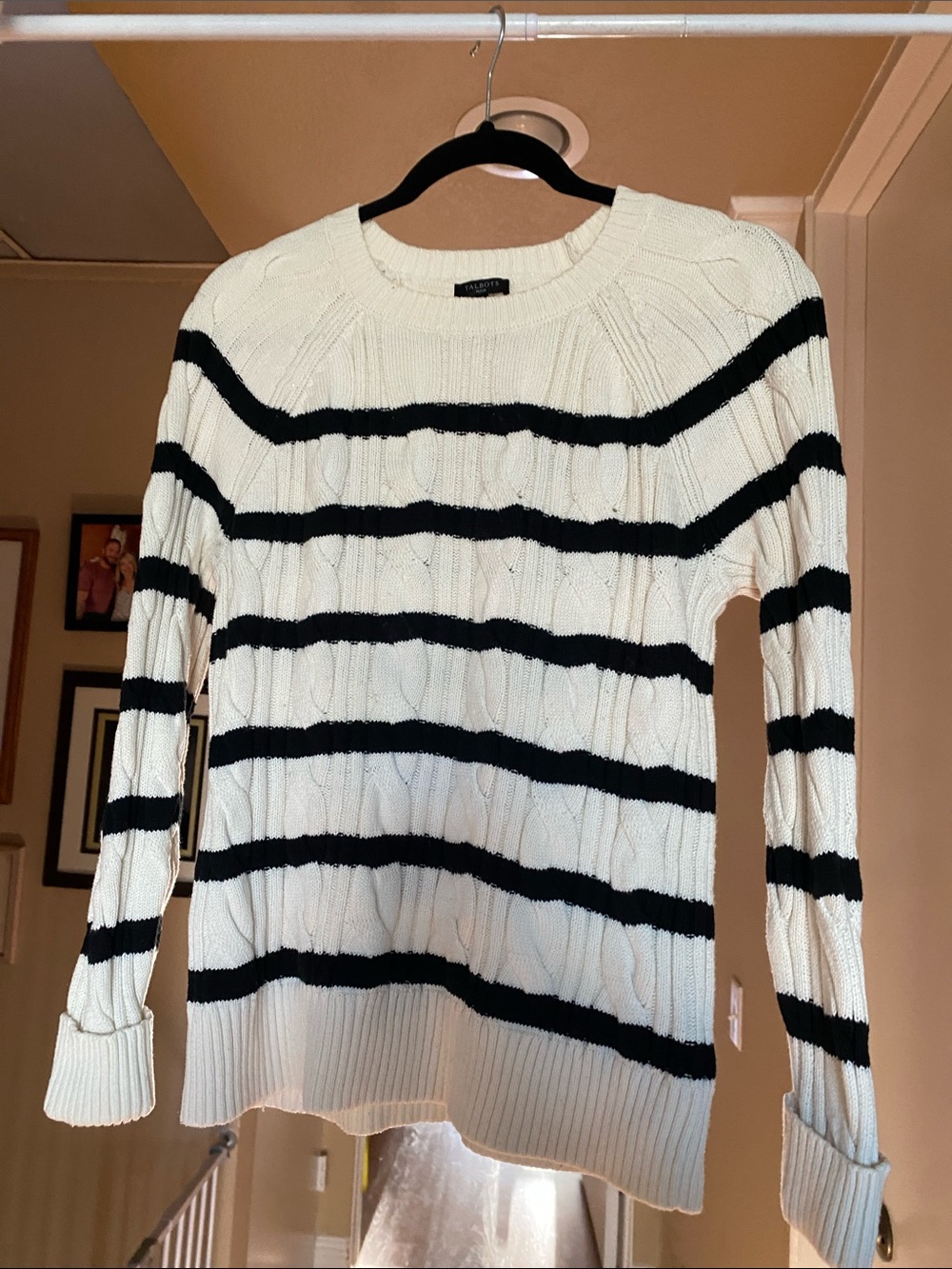 TALBOTS Striped Cable-Knit Crewneck Sweater - White & Black